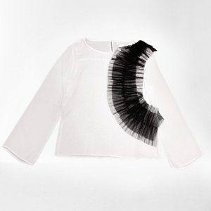 Masseys Black & White Front Ruffle Sheer Blouse